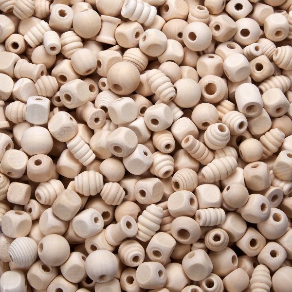 Holzperlen 8,5-24 mm, Formenmix, roh, 250 g