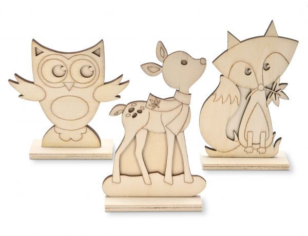 Holz-Stehfiguren-Set, Eule, Fuchs, Reh, 12-15cm