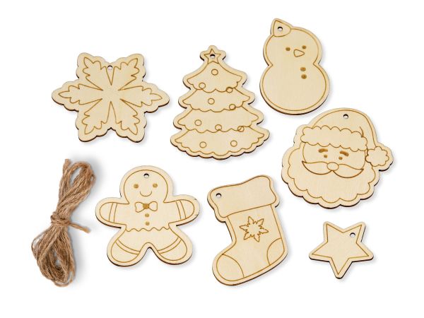 Holzanhänger Weihnachten, 4-8 cm, 7 Motive mit Jutekordel