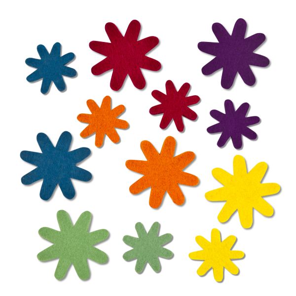 Filz-Stanzteile Blumen, 3,5+5 cm in den Farben gelb, orange, lila, grün, rosa, blau 3 mm, 200 Stück