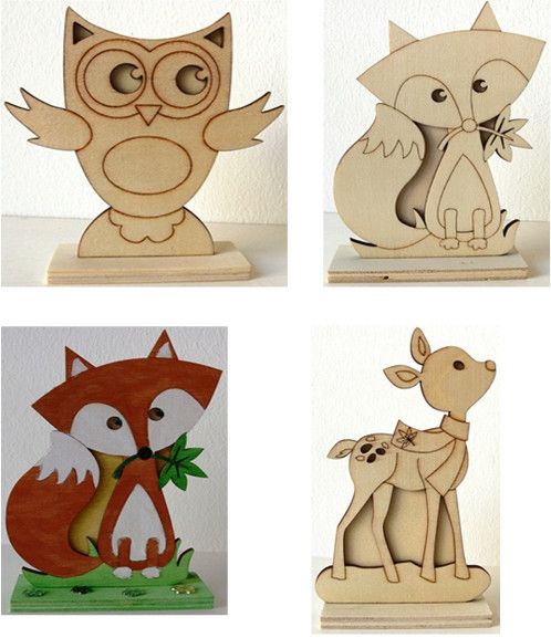 Holz Stehfigur Set je 1 Stück Eule, ca. 12 cm, Fuchs, ca. 15 cm, Reh, ca. 15 cm