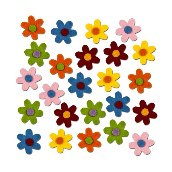 Filz-Stanzteile Blumen mit Filzpunkt, 2,5x0,3cm, verschiedene Farben, 200 Stück