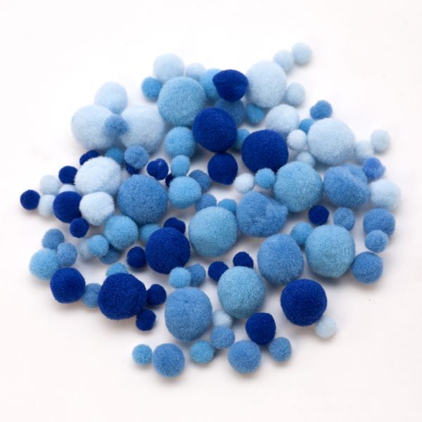 Pompons 6-15 mm Blau-Töne, 100 Stück