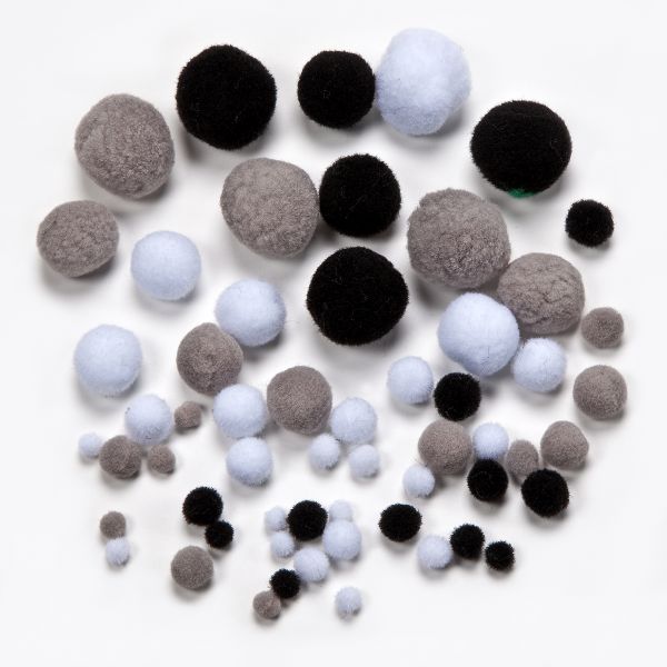 Pompons, 4-25mm Ø, weiß, grau, schwarz, 400 St.