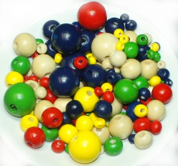 Holzperlen B-Qualität, 4-15 mm, farbig sortiert, 500 g