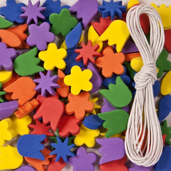 Moosgummi Fädelteile Blumen/Sterne 15 mm, mit Schnur, 100 St.
