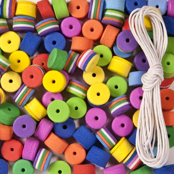 Moosgummi Fädelteil Zylinder 15mm, mit Schnur, 108 St.